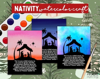 Nativity Watercolor Craft, Kids' Advent Art Activity Manger Silhouette Print, Christmas Bible Verse Printable Isaiah 9:6, Matthew & Luke