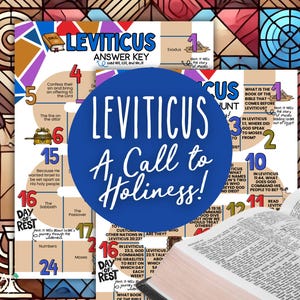 May include: A colorful printable game board with the title "Leviticus: A Call to Holiness!"  The game board features a grid with numbers and words related to the book of Leviticus in the Bible.  The game board is designed to be used for educational purposes.