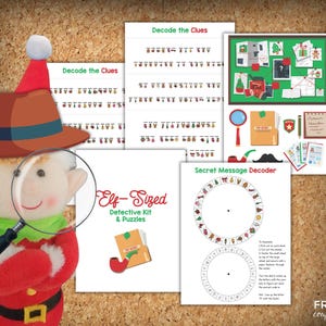 Op de afbeelding: Een "Elf-Sized Detective Kit & Puzzles" met gedrukte aanwijzingen, een geheime berichtdecoder en een pluche elf met een detectivehoed en een vergrootglas. De set bevat een prikbord met aanwijzingen en een rood vergrootglas.