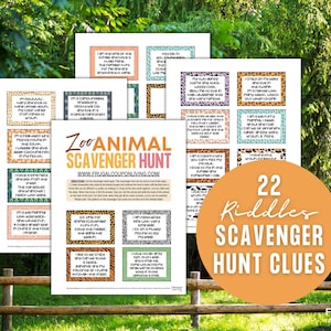 K&ouml;nnte beinhalten: Ein Satz von 22 druckbaren Zoo-Tier-Schnitzeljagd-Hinweisen mit R&auml;tseln. Die Hinweise sind auf Karten mit Tiermuster-Hintergr&uuml;nden gedruckt. Die Karten sind f&uuml;r eine lustige Outdoor-Aktivit&auml;t f&uuml;r Kinder konzipiert.