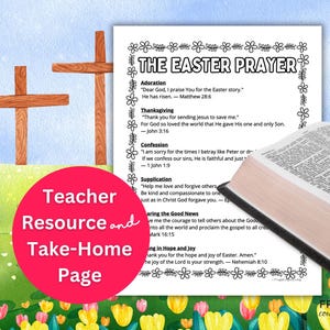 May include: A printable worksheet with a colorful background of flowers and crosses. The worksheet features a prayer for Easter with headings for Adoration, Thanksgiving, Confession, Supplication, Sharing the Good News, and Thanking in Hope and Joy. The text includes Bible verses.