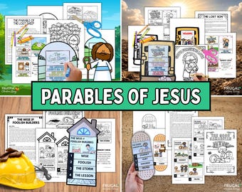 May include: A collection of printable activity sheets and crafts titled Parables of Jesus, featuring black and white illustrations, coloring pages, and interactive paper projects related to biblical stories like The Lost Sheep and The Good Samaritan.