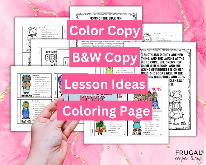 May include: A collection of printable Bible study pages for children, featuring black and white and color copies. The pages include illustrations of biblical figures and text, with the words "Color Copy", "B&W Copy", "Lesson Ideas", and "Coloring Page" visible.