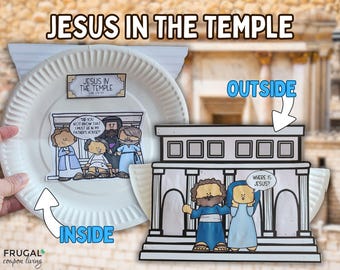Op de afbeelding: Een papieren bordje knutselwerk getiteld Jesus in the Temple. De binnenkant toont een cartoonillustratie van Jezus met leraren en de tekst Did you not know that I must be in my Father's house? De buitenkant toont een tempelfaçade.