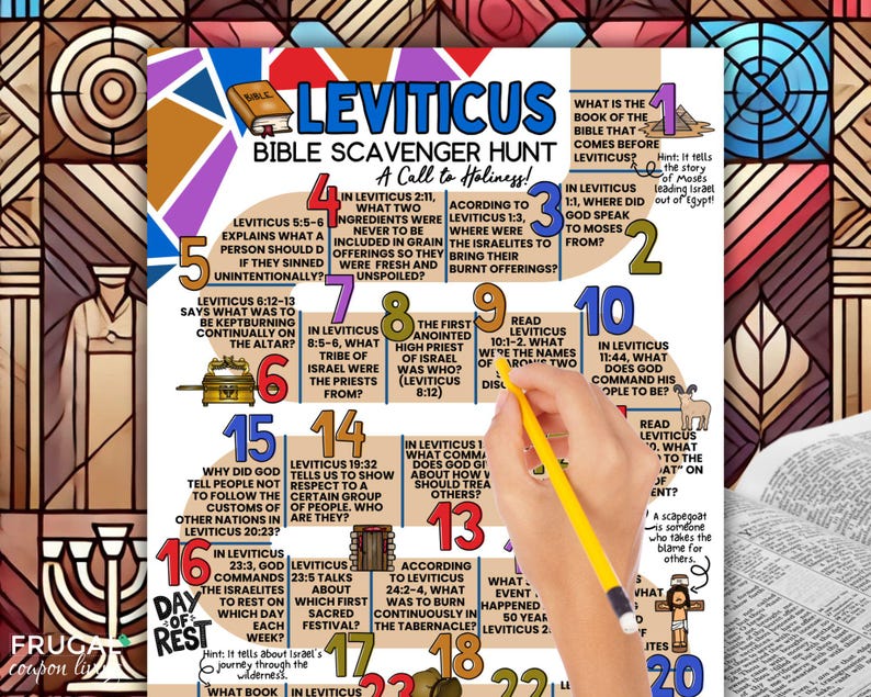 May include: A colorful printable Bible scavenger hunt for kids with the title "Leviticus Bible Scavenger Hunt: A Call to Holiness!"  The printable features a grid with 20 numbered squares, each containing a question about the book of Leviticus in the Bible.  The questions are designed to help kids learn about the book of Leviticus.
