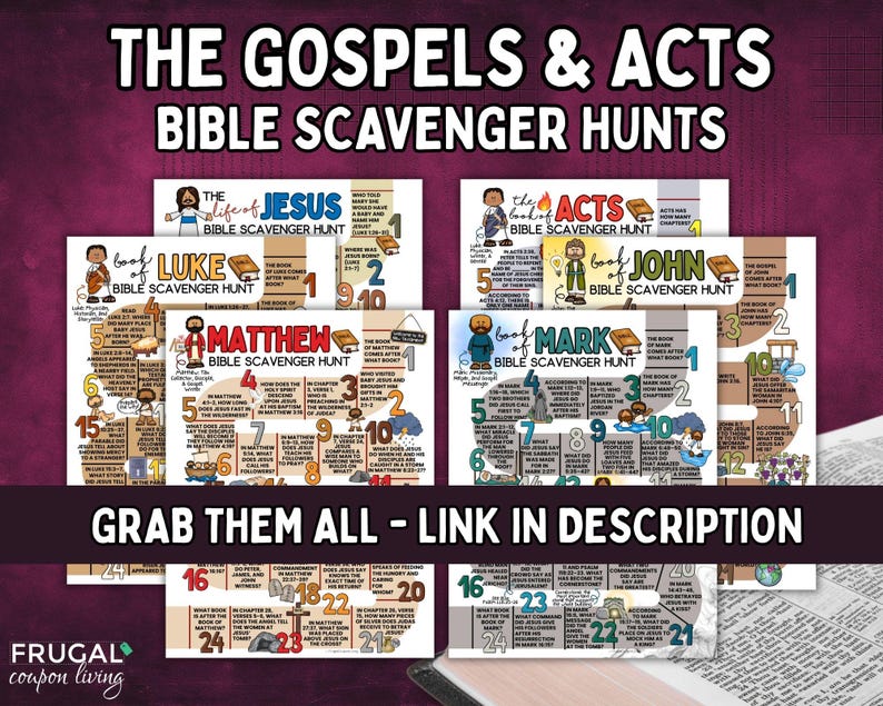May include: A collection of colorful Bible scavenger hunt printables featuring illustrations and text. The titles include "The Gospels & Acts" and "Bible Scavenger Hunts". The text "Grab them all - Link in description" is also visible.