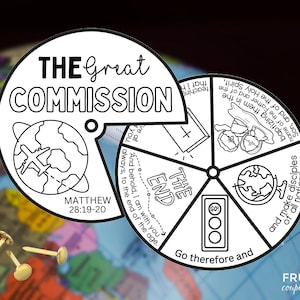 以下が含まれることがあります： 「THE GREAT COMMISSION」と「MATTHEW 28:19-20」のテキストが入った白黒の円形グラフィック。飛行機、地球儀、信号機のイラストが含まれています。 金色の画鋲が前景にあります。