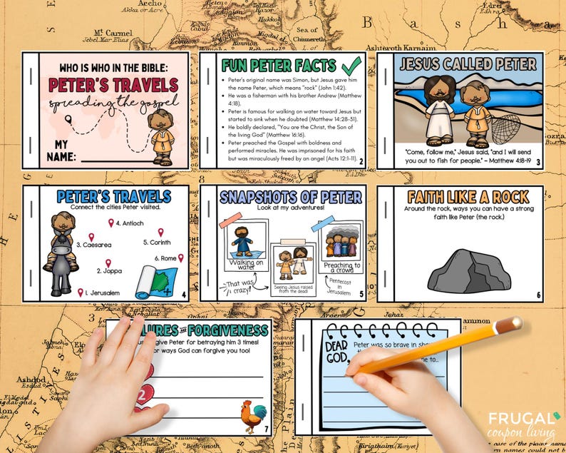 K&ouml;nnte beinhalten: Ein buntes, druckbares Arbeitsblatt f&uuml;r Kinder &uuml;ber die biblische Figur Petrus. Das Arbeitsblatt enth&auml;lt eine Karte, eine Zeitleiste und Aktivit&auml;ten, die Kindern helfen, das Leben und das Wirken von Petrus kennenzulernen.