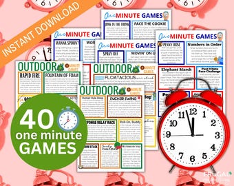 40 One Minute Games, Win It in One Minute Party Activities, Printable Group Party Games, 60 Second Challenges, Birthday Party Games for Kids