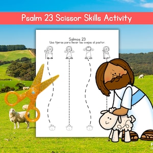 May include: A black and white printable worksheet with a shepherd and sheep. The text "Salmos 23" and "Usa tijeras para llevar las ovejas al pastor." is included. The worksheet is designed for scissor skills practice.