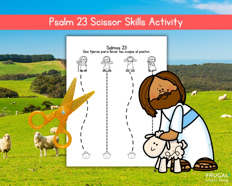 May include: A black and white printable worksheet with a shepherd and sheep. The text "Salmos 23" and "Usa tijeras para llevar las ovejas al pastor." is included. The worksheet is designed for scissor skills practice.
