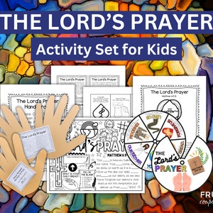 May include: An activity set for kids featuring "The Lord's Prayer." The set includes printable worksheets, hand cutouts with text, and a prayer wheel. The text includes "Matthew 6:9-13" and "Frugal Coupon Living."