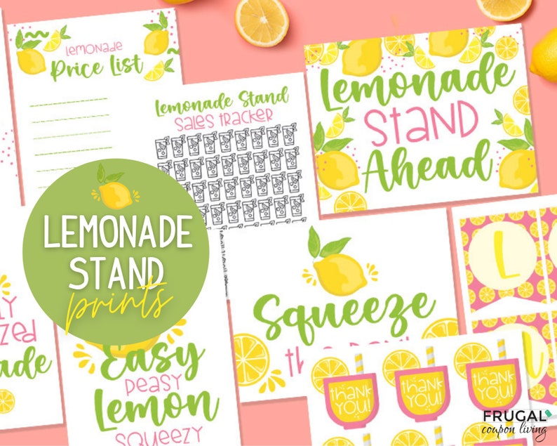 May include: A collection of printable lemonade stand signs and graphics. The designs feature lemons, lemon slices, and the words "Lemonade Stand," "Squeeze," and "Thank You!" in various fonts and colors. Includes a price list and sales tracker.