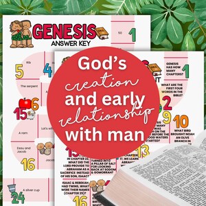 May include: A colorful educational print titled "Genesis Answer Key" with illustrations and questions about the Bible. The image includes a red circle with the text "God's creation and early relationship with man."
