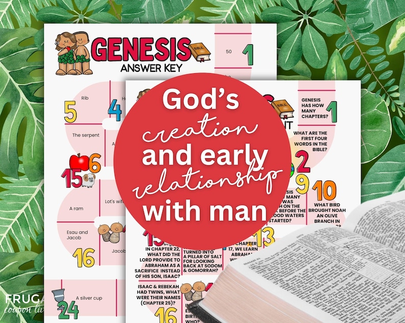 May include: A colorful educational print titled "Genesis Answer Key" with illustrations and questions about the Bible. The image includes a red circle with the text "God's creation and early relationship with man."