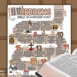 May include: A colorful Hebrews Bible Scavenger Hunt poster with numbered questions and answers. The poster includes illustrations of Jesus, a church, and a calendar. A Bible is open in the foreground.
