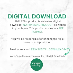 Pu&ograve; includere: Grafica di testo di download digitale con le parole "DOWNLOAD DIGITALE" in grandi lettere verdi. Il testo spiega che si tratta di un download digitale e che non verr&agrave; spedito alcun prodotto fisico. Il testo indica anche che il prodotto &egrave; disponibile in formato PDF. Il testo include anche un link per saperne di pi&ugrave; sui download digitali di Etsy.