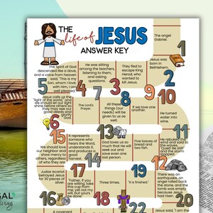 May include: A colorful educational poster titled "The Life of Jesus Answer Key" with illustrations and text. The poster includes numbered events from the Bible, a drawing of Jesus, and a boat on the water.