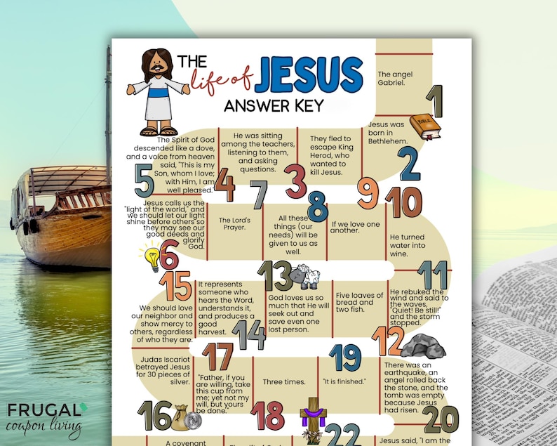 May include: A colorful educational poster titled "The Life of Jesus Answer Key" with illustrations and text. The poster includes numbered events from the Bible, a drawing of Jesus, and a boat on the water.