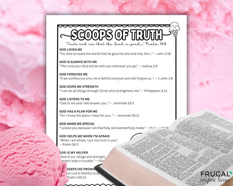Puede incluir: Una hoja de papel blanca titulada SCOOPS OF TRUTH que presenta una lista de vers&iacute;culos religiosos y afirmaciones, cada uno emparejado con una referencia b&iacute;blica. El texto incluye frases como GOD LOVES ME y GOD FORGIVES ME.