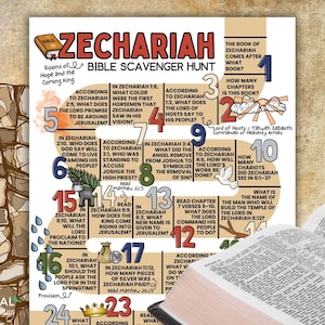 May include: A colorful Bible study guide titled "Zechariah Bible Scavenger Hunt" with numbered questions and answers. The guide includes text and illustrations, with a book and a partially visible open book in the foreground.