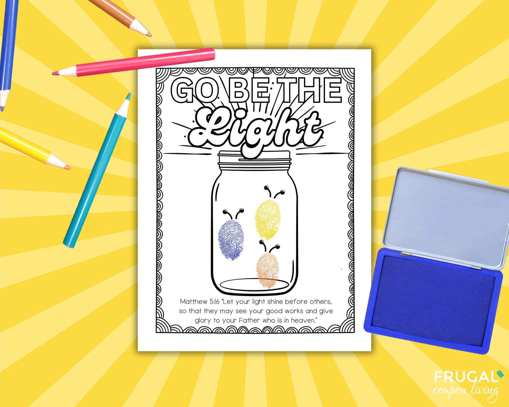 Light of the World Sunday School Christian Coloring Page, Fingerprint Art Let Your Light Shine, Jesus Sermon on the Mount Matthew 5:16