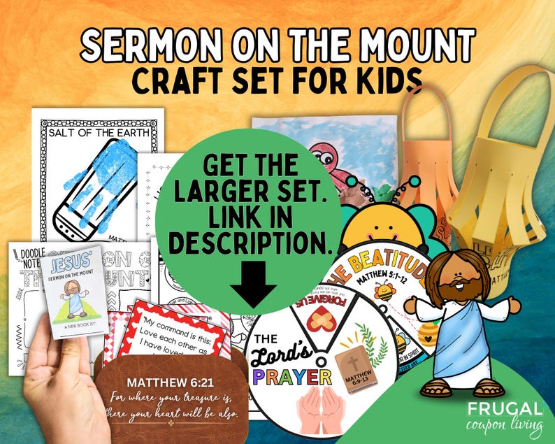 Puede incluir: Un conjunto de manualidades para ni&ntilde;os con una variedad de actividades relacionadas con el Serm&oacute;n de la Monta&ntilde;a. El conjunto incluye p&aacute;ginas para colorear, un mini libro, una ruleta y una manualidad de bolsa de papel. La imagen tambi&eacute;n incluye el texto "Obtenga el conjunto m&aacute;s grande. Enlace en la descripci&oacute;n."