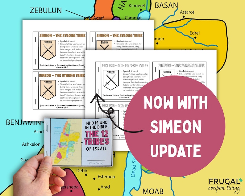Pode incluir: Uma folha de trabalho imprim&iacute;vel para um estudo b&iacute;blico sobre as 12 tribos de Israel. A folha de trabalho apresenta um mapa da terra de Israel e um escudo com espadas cruzadas, representando a tribo de Sime&atilde;o. O texto na folha de trabalho diz "Simeon - A Tribo Forte".