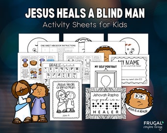 May include: A set of printable activity sheets for kids featuring the story of Jesus healing a blind man. The sheets include coloring pages, a braille alphabet, a mini book, and a self-portrait activity.