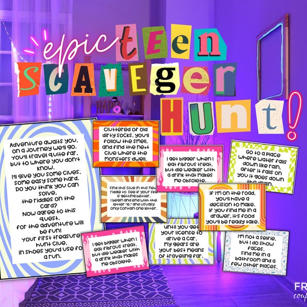 25 Teenage Scavenger Hunt Riddles PDF | Fun Indoor & Outdoor Treasure Hunt Clues Cards for at Home | Difficult Scavenger Hunt for Older Kids