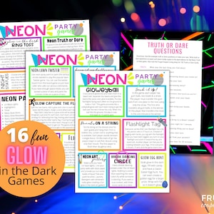 Glow in the Dark-feestideeën | 16 Neon-verjaardagsfeestjespellen en -activiteiten voor kinderen, tieners of volwassenen | Jaren &#39;80 Neon Party Games afdrukbaar
