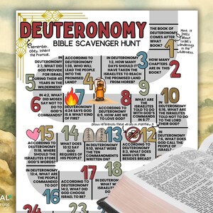 May include: A colorful Bible study guide titled "Deuteronomy Bible Scavenger Hunt" with numbered questions and answers. The guide includes text and illustrations, with an open book in the foreground.