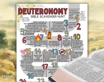 Könnte beinhalten: Ein Deuteronomium-Bibel-Schnitzeljagd-Arbeitsblatt mit nummerierten Fragen von 1 bis 24, farbenfrohen Grafiken wie einer Flamme, einer Person und Steintafeln sowie Textaufforderungen zu biblischen Versen neben einer offenen Bibel.