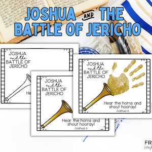 May include: Three printable coloring pages featuring a black and white illustration of a trumpet and the text "Joshua and the Battle of Jericho". The text "Hear the horns and shout hooray! Joshua 6" is also included on two of the pages.