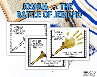 Puede incluir: Tres hojas de actividades rectangulares blancas con el texto Joshua and the Battle of Jericho. Cada hoja muestra una ilustración de trompeta dorada y una hoja incluye una huella de mano dorada. El texto dice Hear the horns and shout hooray! Joshua 6.
