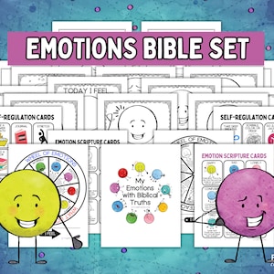 Biblical Emotions Wheel-Printable, Mindfulness with Christ Feelings Chart, My Feelings Scripture Cards, Kids' Emotions Bible Coloring Pages