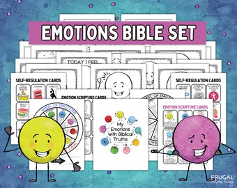 Biblical Emotions Wheel-Printable, Mindfulness with Christ Feelings Chart, My Feelings Scripture Cards, Kids' Emotions Bible Coloring Pages