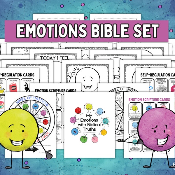 Biblical Emotions Wheel-Printable, Mindfulness with Christ Feelings Chart, My Feelings Scripture Cards, Kids' Emotions Bible Coloring Pages
