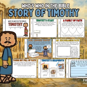 Puede incluir: Un colorido póster educativo titulado "Who's Who in the Bible: Story of Timothy". El póster presenta ilustraciones de dibujos animados y cuadros de texto que detallan la vida de Timoteo, incluyendo su familia, fe y viajes misioneros.