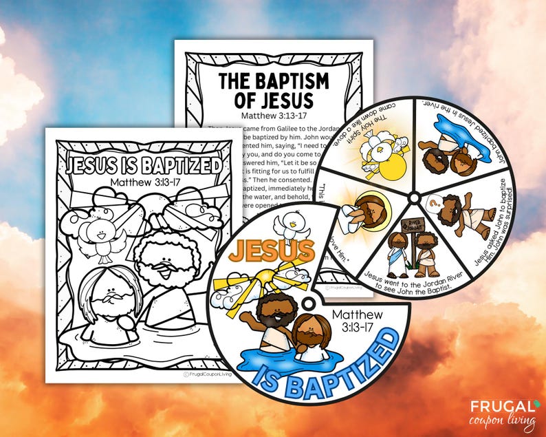 May include: Black and white illustration of Jesus being baptised by John the Baptist. The image includes a dove, a river, and the text "Jesus is Baptised" and "Matthew 3:13-17".