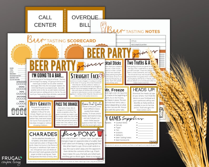 May include: A collection of printable beer party game sheets, including a beer tasting scorecard, game instructions, and a list of supplies. The designs feature orange and white text on a dark background, with wheat stalks in the background.