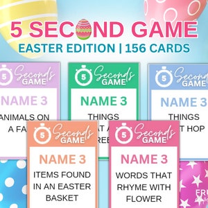 May include: A set of 5 Second Game cards with an Easter theme. The cards are pink, blue, green, and orange with a timer icon and the words "5 Seconds Game". The cards have different prompts for players to answer, such as "Name 3 animals on a farm" and "Name 3 things that hop".