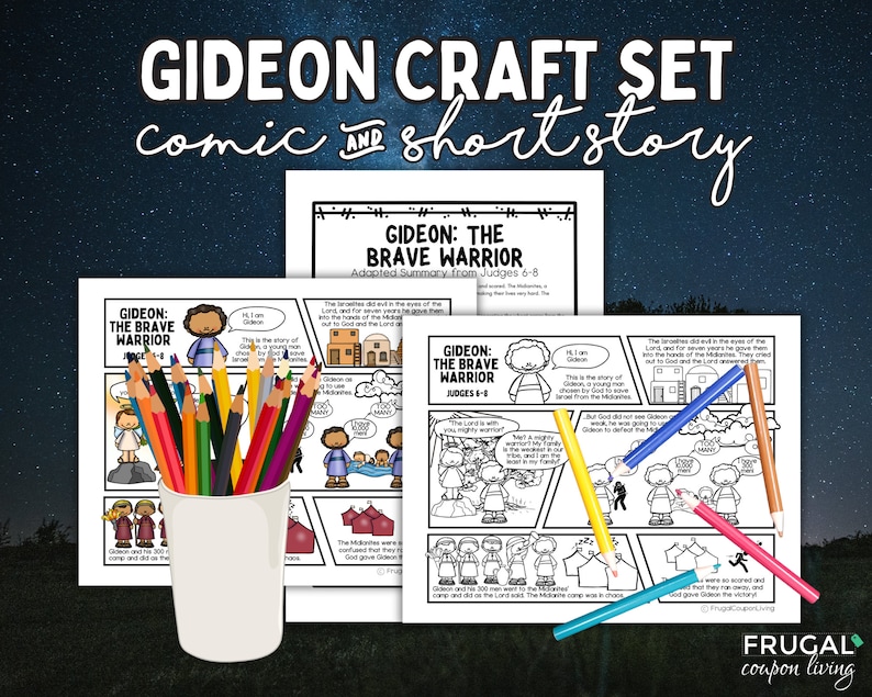 May include: A Gideon craft set for kids includes a comic book and a short story about Gideon, the brave warrior. The comic book is black and white and features a character with a sword. The short story is a summary of the story of Gideon from Judges 6-8. The craft set also includes coloring pages and a craft activity.
