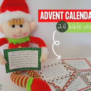 May include: A plush elf doll with a red and green outfit holding a rectangular card featuring the text Day 1 God sent the angel Gabriel to a girl who lived in Nazareth. Beside the doll are several other cards with Bible verses.