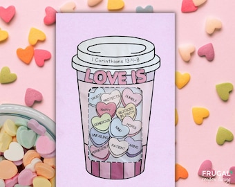 Bible Love Craft for Kids, 1 Corinthians 13:4-8 &quot;Love is...&quot; Valentine&#39;s Day Sunday School Activity, Candy Heart Love Cup, Scripture on Love