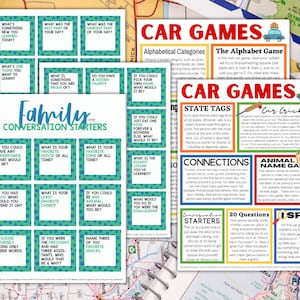 May include: A set of printable car games and family conversation starters. The colourful sheets include games like "Alphabet Game", "State Tags", "Car Cricket", and prompts like "What's something new you learned today?"
