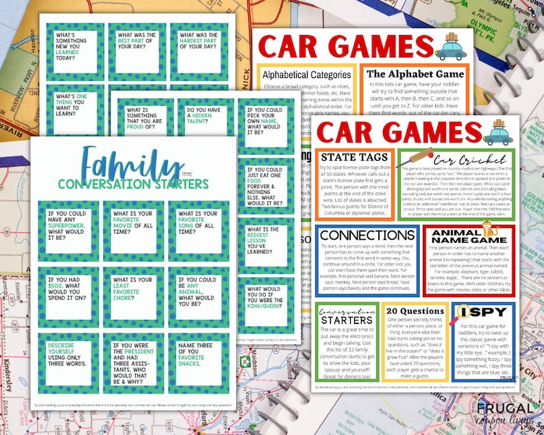 May include: A set of printable car games and family conversation starters. The colourful sheets include games like "Alphabet Game", "State Tags", "Car Cricket", and prompts like "What's something new you learned today?"