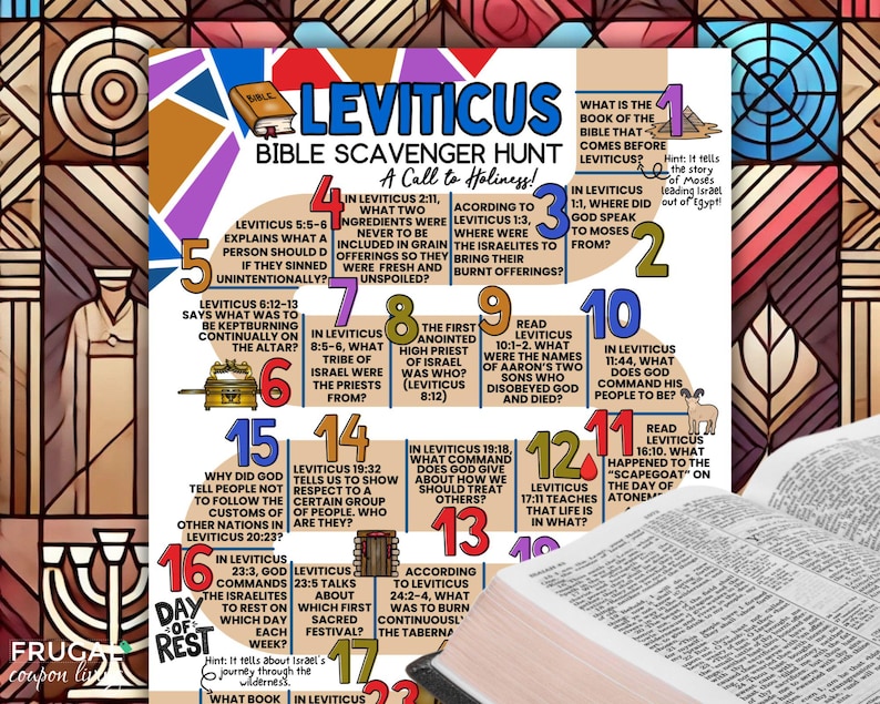 May include: A colorful printable Bible scavenger hunt for kids with the title "Leviticus: A Call to Holiness!"  The printable features 17 numbered squares with questions about the book of Leviticus.  The questions are designed to help kids learn about the book of Leviticus in a fun and engaging way.