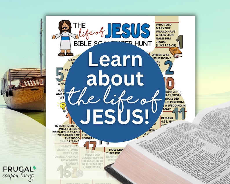 May include: A Bible study game titled "The Life of Jesus Bible Scavenger Hunt" with a cartoon Jesus illustration. The text "Learn about the life of Jesus!" is in a blue circle. An open Bible is in the foreground.
