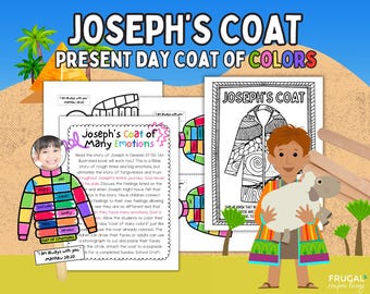 Puede incluir: Una colección de hojas de actividades imprimibles tituladas Joseph's Coat Present Day Coat of Colors, que incluyen dibujos de líneas en blanco y negro, una muñeca de papel colorida con etiquetas de emociones y un personaje de dibujos animados con una oveja.